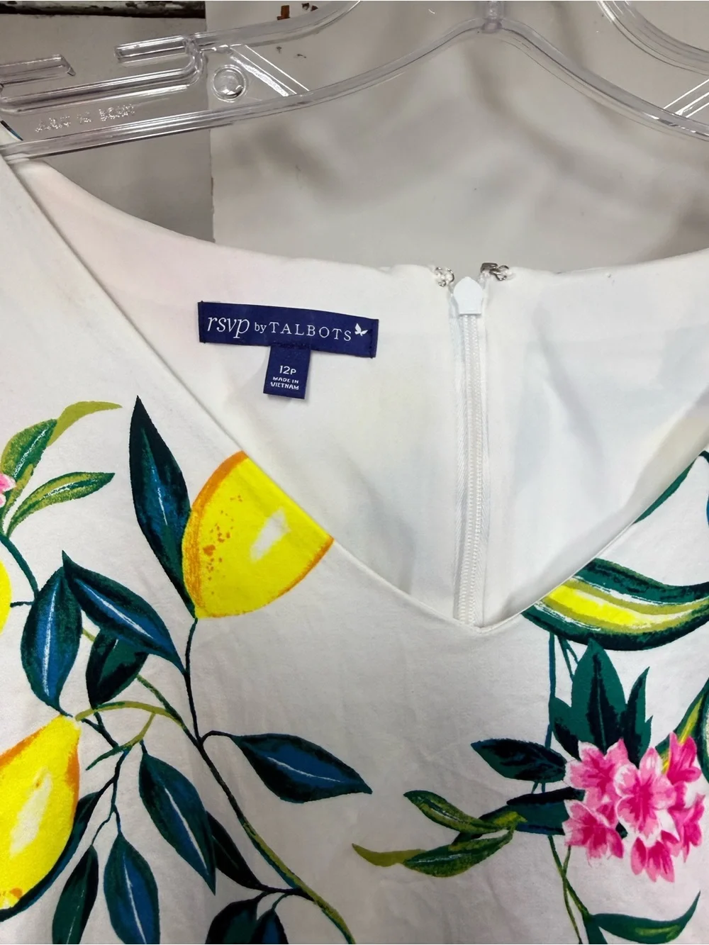 Talbots White Yellow Lemon Pink Floral Print Fit & Flare Dress Flowers size 12p